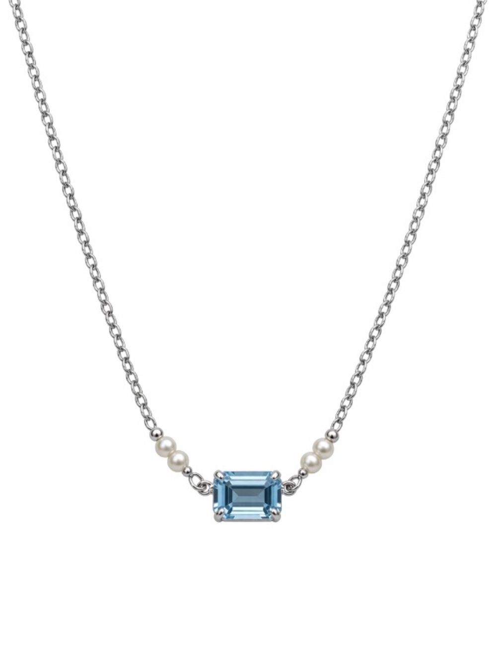 Vintage Avon Blue Crystal Necklace Silver Tone Faux Pearl Accents